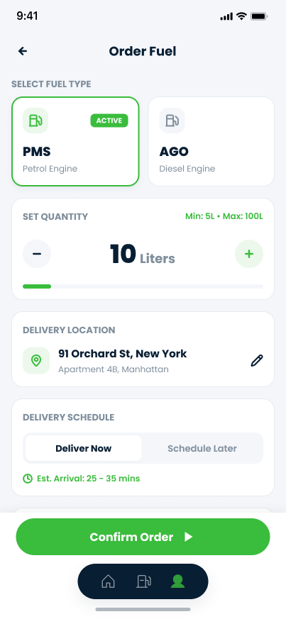 Order Fuel screen showing fuel type selection, quantity in litres, delivery location and delivery schedule
