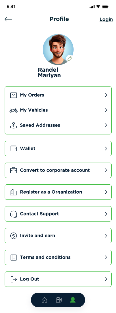 Profile screen with links to orders, vehicles, saved addresses, wallet and corporate account options
