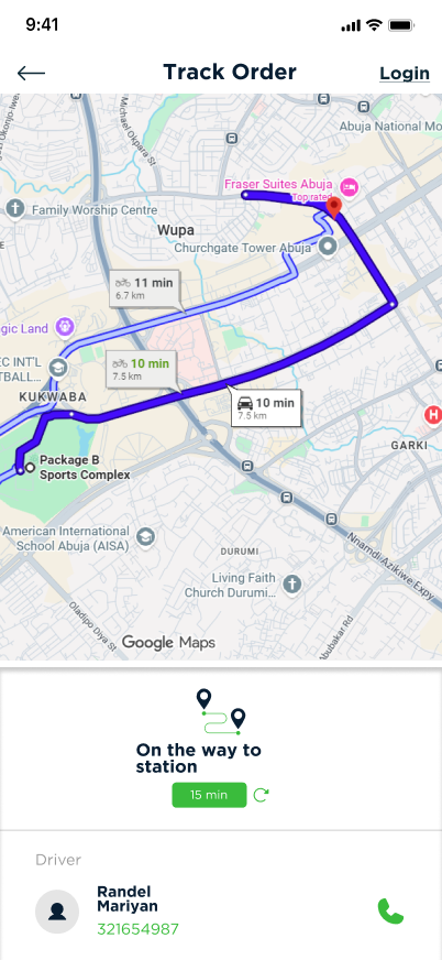 Track Order screen with a live map of the delivery route, status and the assigned driver