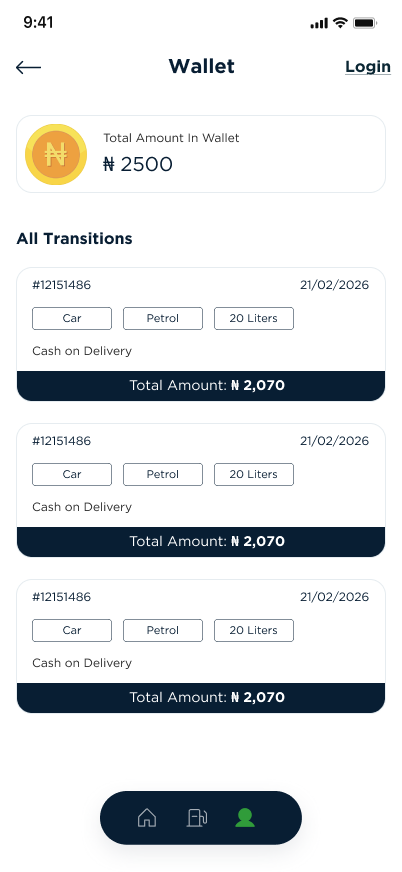Wallet screen showing the naira balance and a list of past fuel transactions