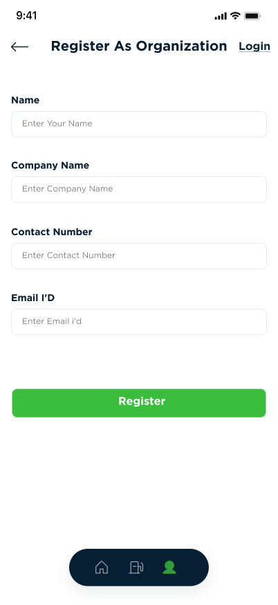 Register As Organization screen with name, company, contact number and email fields
